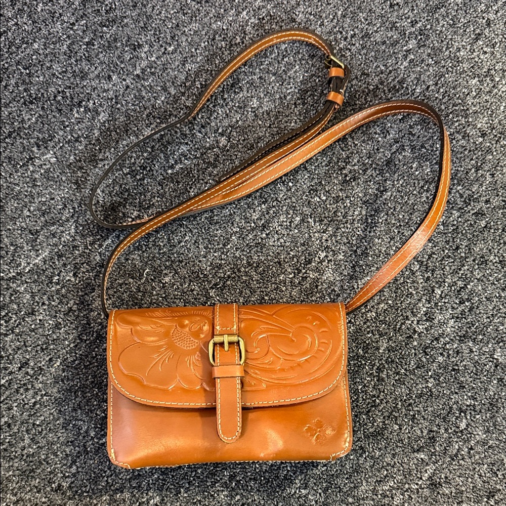 Patricia Nash Floral Embossed Tan Leather Crossbody Bag